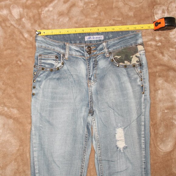 Exocet Distressed Camouflage Blue Jeans - Pyramid Stud Embellished w27x29 inseam - Picture 2 of 13